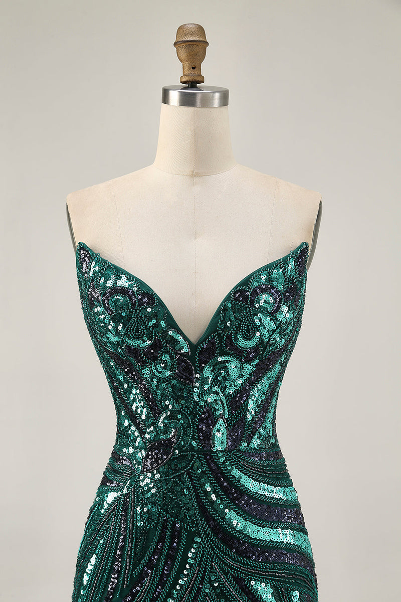 Load image into Gallery viewer, Sparkly Dark Green Strapless Tight Short Beaded Prom Dress
