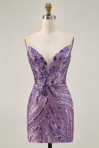 Sparkly Purple Beaded Tight Strapless Short Prom Dress