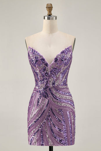 Sparkly Purple Beaded Tight Strapless Short Prom Dress