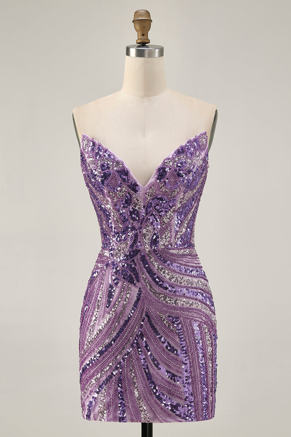 Sparkly Purple Beaded Tight Strapless Short Prom Dress