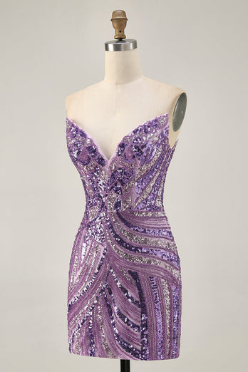Sparkly Purple Beaded Tight Strapless Short Prom Dress