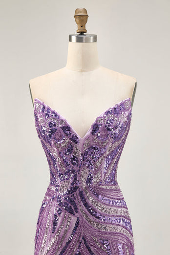 Sparkly Purple Beaded Tight Strapless Short Prom Dress