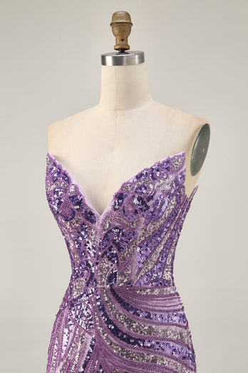 Sparkly Purple Beaded Tight Strapless Short Prom Dress