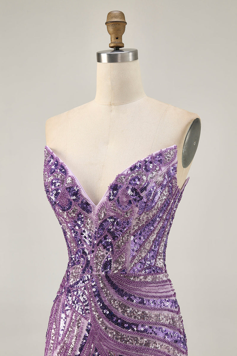 Load image into Gallery viewer, Sparkly Purple Beaded Tight Strapless Short Prom Dress