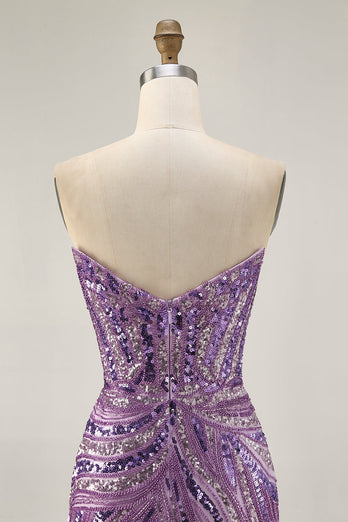 Sparkly Purple Beaded Tight Strapless Short Prom Dress