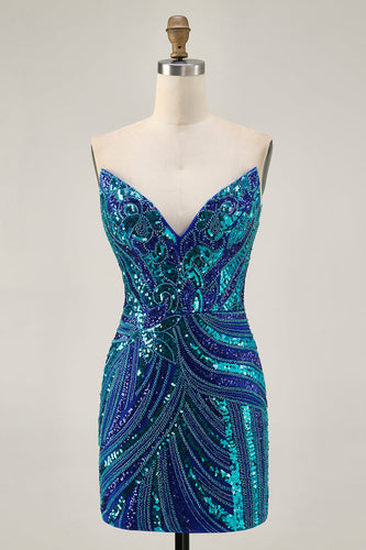 Sparkly Royal Blue Tight Beaded Strapless Short Prom Dress