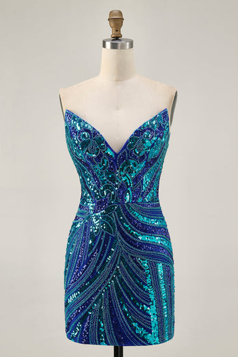 Sparkly Purple Beaded Tight Strapless Short Prom Dress