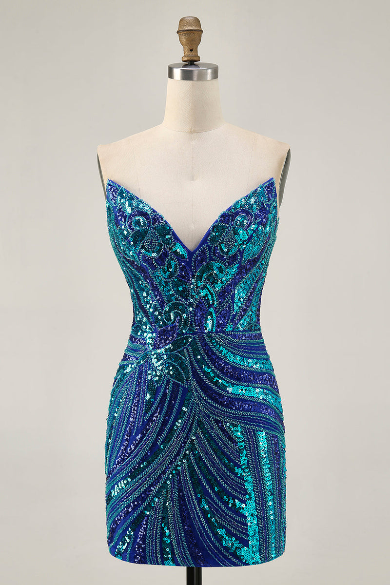 Load image into Gallery viewer, Sparkly Purple Beaded Tight Strapless Short Prom Dress