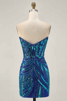 Sparkly Royal Blue Tight Beaded Strapless Short Prom Dress