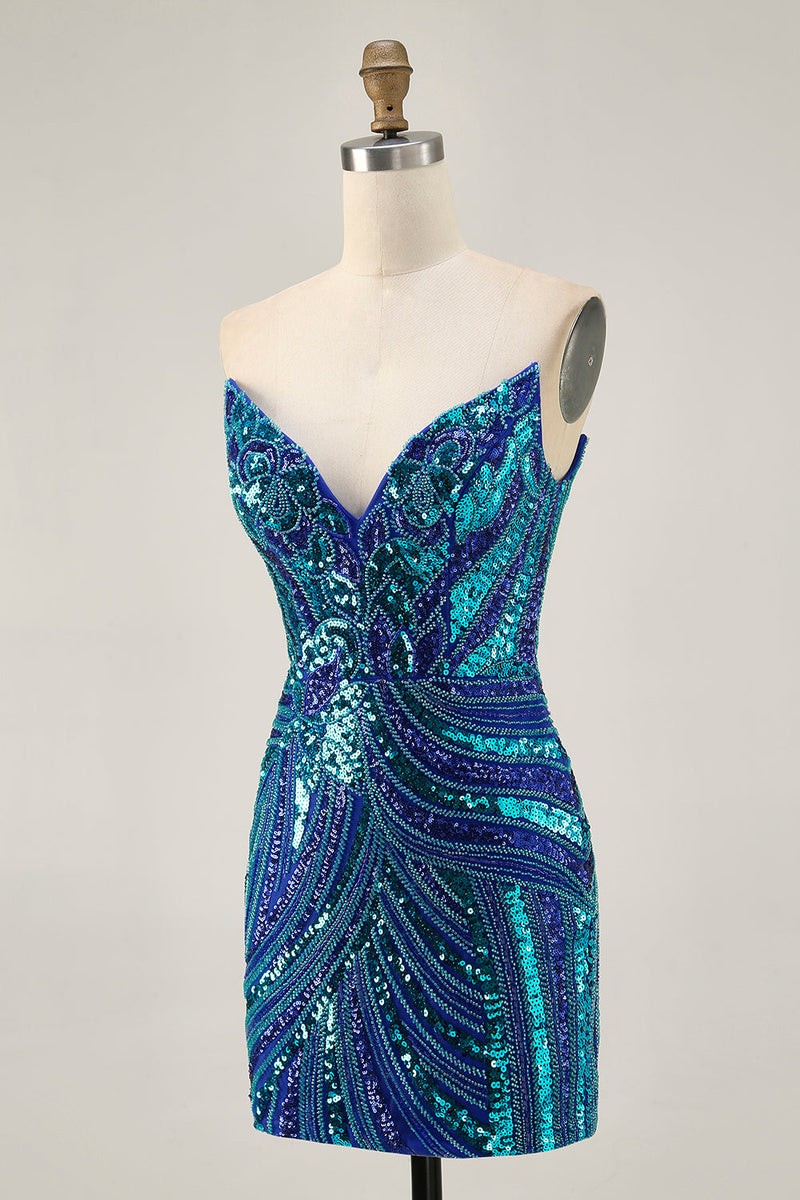 Load image into Gallery viewer, Sparkly Purple Beaded Tight Strapless Short Prom Dress