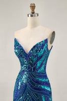 Load image into Gallery viewer, Sparkly Royal Blue Tight Beaded Strapless Short Prom Dress