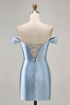 Grey Blue Satin Off the Shoulder Ruched Short Prom Dress