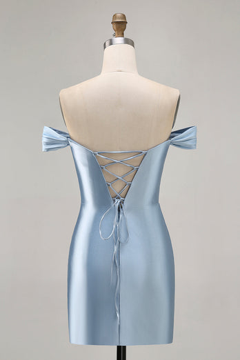 Grey Blue Satin Off the Shoulder Ruched Short Prom Dress
