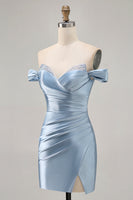 Load image into Gallery viewer, Grey Blue Satin Off the Shoulder Ruched Short Prom Dress
