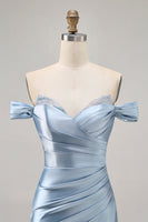Load image into Gallery viewer, Grey Blue Satin Off the Shoulder Ruched Short Prom Dress