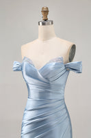 Load image into Gallery viewer, Grey Blue Satin Off the Shoulder Ruched Short Prom Dress