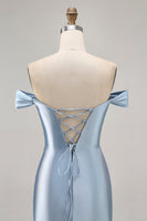 Load image into Gallery viewer, Grey Blue Satin Off the Shoulder Ruched Short Prom Dress