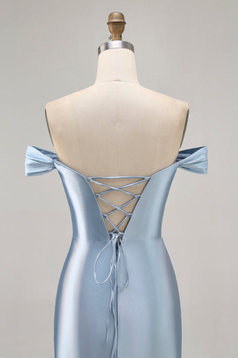 Grey Blue Satin Off the Shoulder Ruched Short Prom Dress
