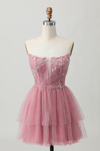 Glitter Dusty Rose Tiered Tulle Ruffled Short Corset Prom Dress