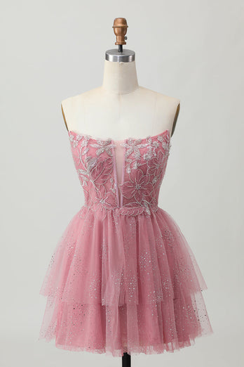 Glitter Dusty Rose Tiered Tulle Ruffled Short Corset Prom Dress