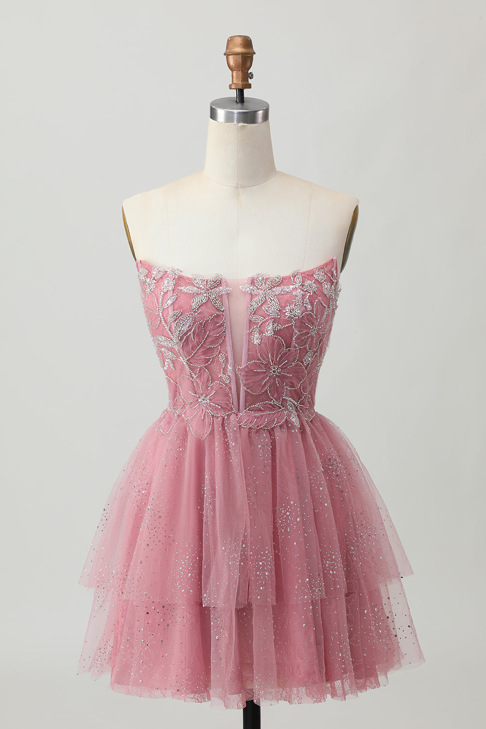 Glitter Dusty Rose Tiered Tulle Ruffled Short Corset Prom Dress