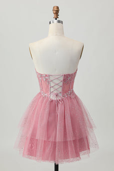 Glitter Dusty Rose Tiered Tulle Ruffled Short Corset Prom Dress