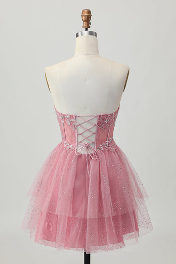 Glitter Dusty Rose Tiered Tulle Ruffled Short Corset Prom Dress