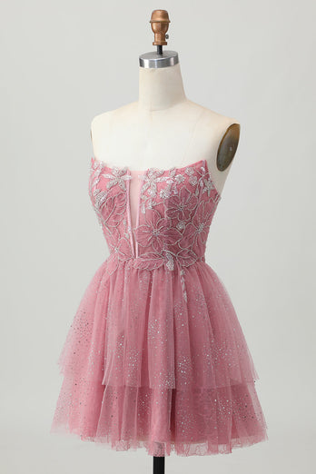 Glitter Dusty Rose Tiered Tulle Ruffled Short Corset Prom Dress