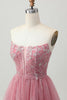 Load image into Gallery viewer, Glitter Dusty Rose Tiered Tulle Ruffled Short Corset Prom Dress