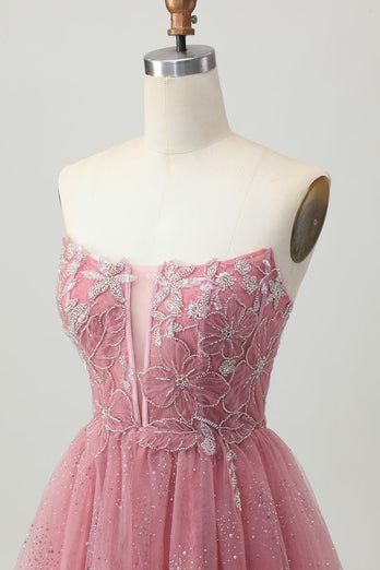Glitter Dusty Rose Tiered Tulle Ruffled Short Corset Prom Dress
