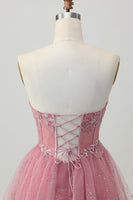 Load image into Gallery viewer, Glitter Dusty Rose Tiered Tulle Ruffled Short Corset Prom Dress
