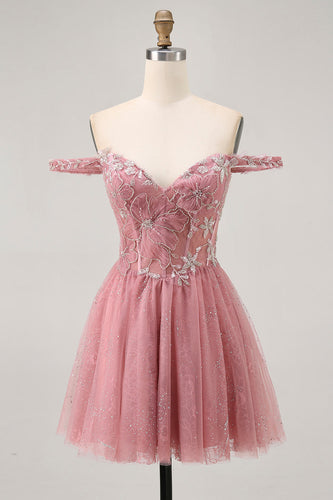 Sparkly Dusty Rose Lace Floral Short Corset Prom Dress