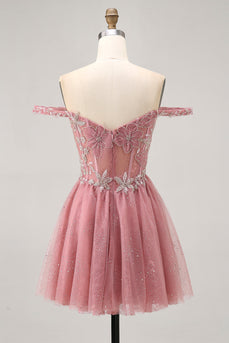 Sparkly Dusty Rose Lace Floral Short Corset Prom Dress