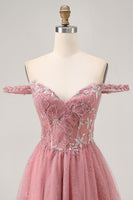 Load image into Gallery viewer, Sparkly Dusty Rose Lace Floral Short Corset Prom Dress