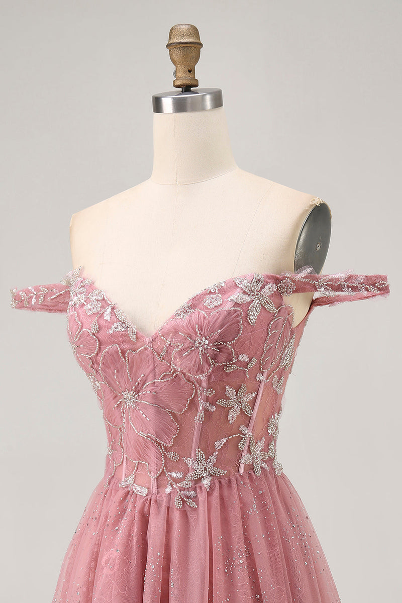 Load image into Gallery viewer, Sparkly Dusty Rose Lace Floral Short Corset Prom Dress
