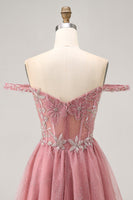 Load image into Gallery viewer, Sparkly Dusty Rose Lace Floral Short Corset Prom Dress