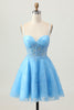 Load image into Gallery viewer, Blue Spaghetti Straps Corset Floral Short Prom Dress with Lace
