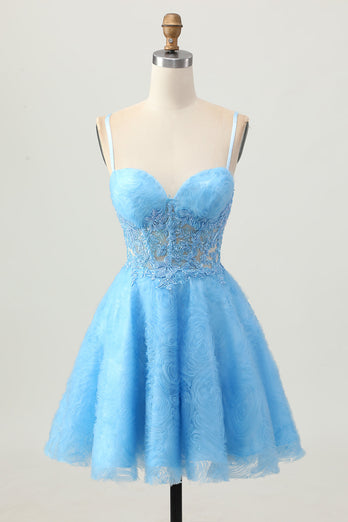 Blue Spaghetti Straps Corset Floral Short Prom Dress with Lace