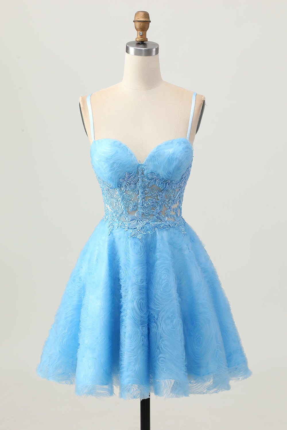 Blue Spaghetti Straps Corset Floral Short Prom Dress with Lace