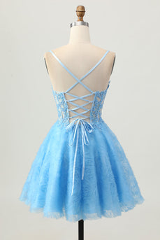Blue Spaghetti Straps Corset Floral Short Prom Dress with Lace