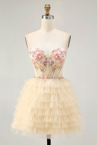 Apricot Floral Short Corset Tiered Prom Dress with Ruffles