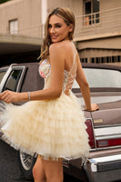 Load image into Gallery viewer, Apricot Floral Short Corset Tiered Prom Dress with Ruffles