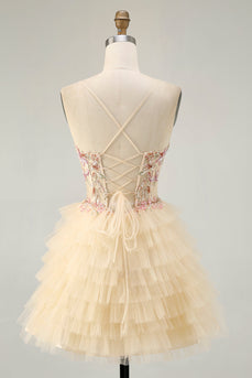 Apricot Floral Short Corset Tiered Prom Dress with Ruffles