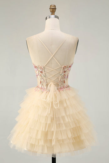 Apricot Floral Short Corset Tiered Prom Dress with Ruffles