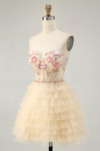 Apricot Floral Short Corset Tiered Prom Dress with Ruffles