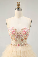 Load image into Gallery viewer, Apricot Floral Short Corset Tiered Prom Dress with Ruffles
