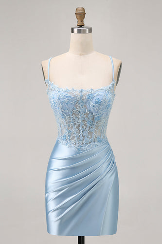 Sparkly Blue Satin Corset Tight Short Prom Dress with Lace