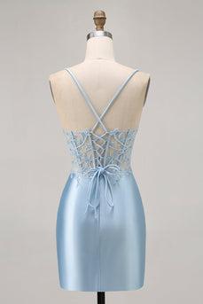 Sparkly Blue Satin Corset Tight Short Prom Dress with Lace