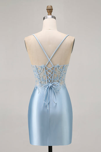 Sparkly Blue Satin Corset Tight Short Prom Dress with Lace