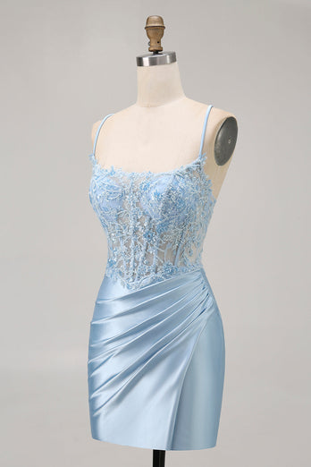 Sparkly Blue Satin Corset Tight Short Prom Dress with Lace